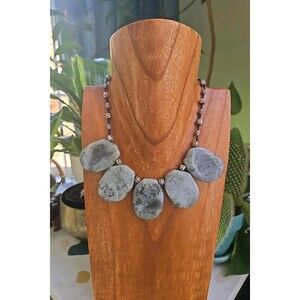 Labradorite Stone Necklace With Silver Tone Accents On Cord Toggle Closure 14"